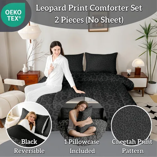 Vista 2 de Castle Fairy Juego de edredón con estampado de leopardo, 2 piezas, estampado de guepardo, gris y negro, para mujer, decoración de habitación