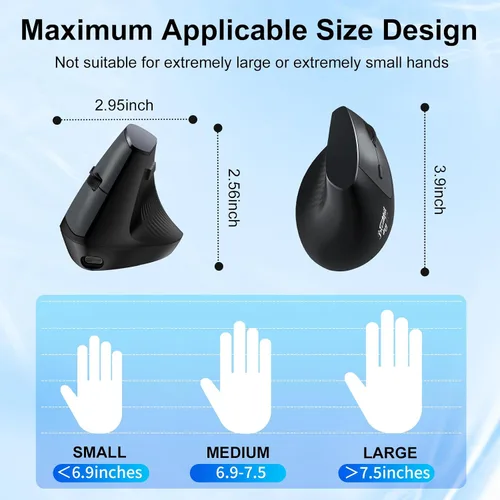 Vista 5 de Ratón ergonómico Bluetooth, mouse vertical inalámbrico recargable para túnel carpiano con conexión USBC y BT 5.0/3.0 y 2.4G, silencioso, fácil