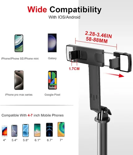 Vista 7 de ASHINER - Trípode de teléfono con control remoto, soporte portátil de 69 pulgadas para grabación, soporte extensible para teléfono celular con luz