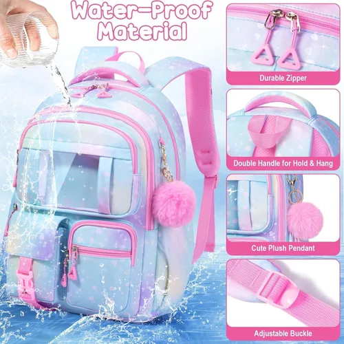 Vista 3 de Fimibuke Mochila infantil para niñas escolares, mochila impermeable con A1. Rosa diamante