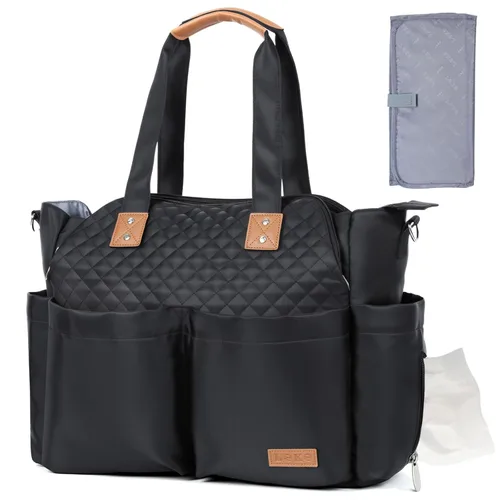 Vista 12 de Lekebaby Bolsa de pañales, 17 bolsillos, bolsa de pañales de viaje grande impermeable con cambiador portátil, bolsa de hospital cruzada para mamá