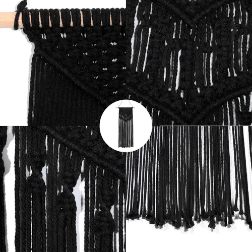 Vista 3 de RLoncomix Tapiz tejido de macramé para colgar en la pared, bohemio, elegante, geométrico, decoración del hogar, frontón de pared, negro, 16 x 30