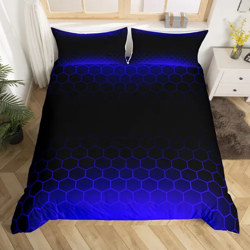 Vista 7 de Juego de ropa de cama geométrica de panal verde y azul, funda de edredón hexagonal estereoscópica para niños y niñas, funda de edredón hexagonal