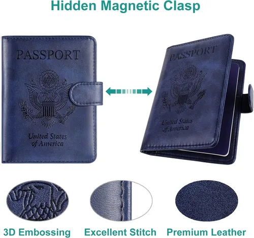 Vista 5 de RSAquar Combo de portatarjetas de pasaporte y vacunación, funda para pasaporte, funda de cuero para tarjetas, accesorios de viaje con bloqueo RFID