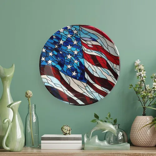 Vista 5 de Platos decorativos con diseño de bandera de Estados Unidos, acuarela, vitrales, decoración del hogar, platos de cerámica, para cocina, mesa auxiliar