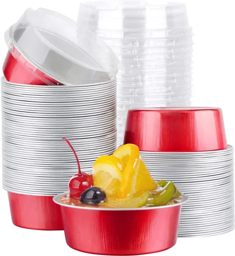Vista 16 de EUSOAR Ramequines desechables con tapas, 50 unidades de papel de aluminio para hornear, moldes de 5.1 fl oz para cupcakes para tartas, quiche Lluvia