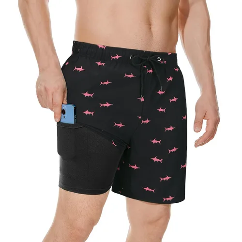 Vista 9 de Century Star Traje de baño para hombre con forro de compresión de secado rápido con bolsillos 01 Flamencos azul cielo