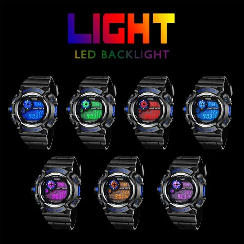 Vista 3 de Fanmis Reloj digital digital multifunción para hombre, electrónico, impermeable, con alarma, reloj deportivo de cuarzo, Azul Patchwork