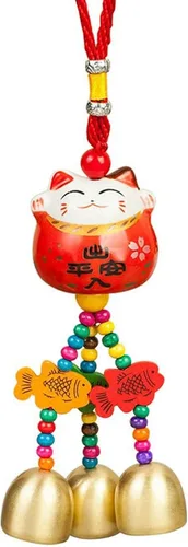 Vista 2 de Maneki Neko - Dije colgante de porcelana con diseño de gato de la suerte, carillones de viento Fengshui, gato de la suerte, colgante de cerámica