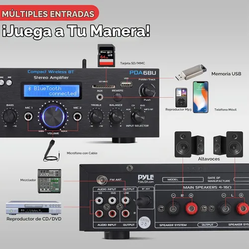 Vista 6 de Pyle PDA6BU.5 Amplificador estéreo Bluetooth compacto – Receptor de audio de escritorio con radio FM, lectores MP3/USB/SD, pantalla digital LCD
