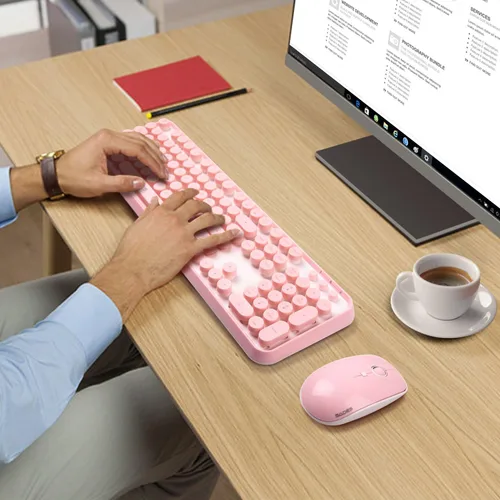 Vista 5 de Combo de teclado y mouse inalámbrico rosa, combo de teclado y mouse retro inalámbrico de 2.4 GHz, teclado inalámbrico Letton de tamaño completo
