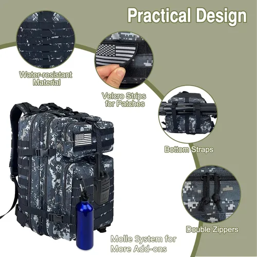 Vista 5 de WOLT Mochila táctica para hombres 45L, mochila militar grande de 3 días, mochila de asalto Molle Rucking mochila senderismo supervivencia, negro