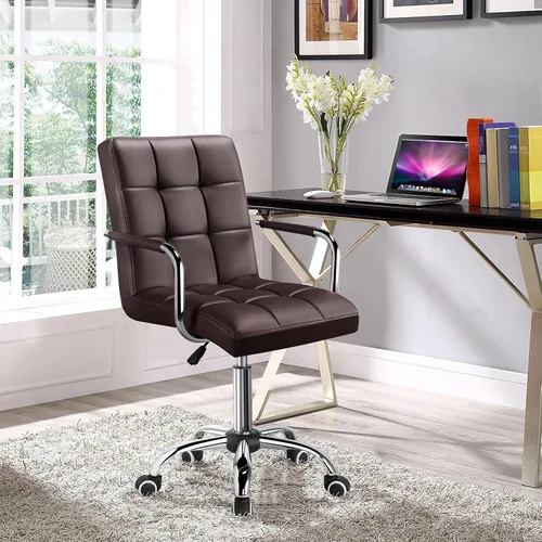 Vista 2 de Yaheetech Silla de Escritorio de Tareas de Cuero PU con Respaldo Medio, Silla Giratoria Moderna y Ajustable para Oficina en Casa con Ruedas Suaves