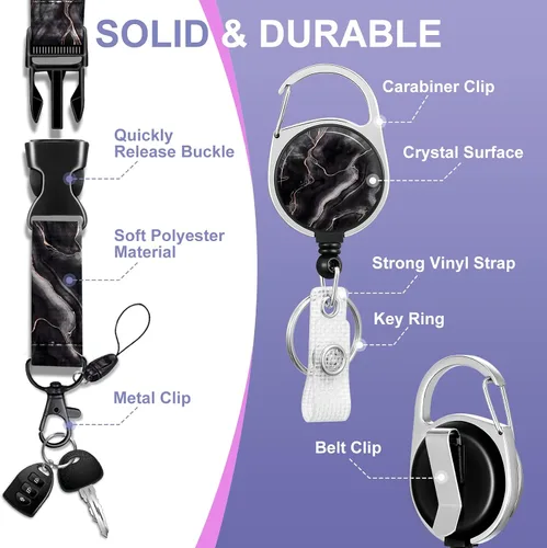 Vista 4 de Soporte para tarjetas de identificación con cordón y clip retráctil para carretes de insignias, cordón de mármol para identificación, protector
