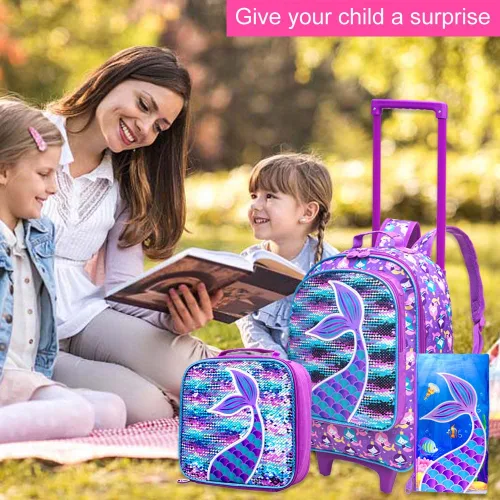 Vista 3 de 3 mochilas con ruedas para niñas, mochila escolar con ruedas y bolsa de almuerzo, sirena