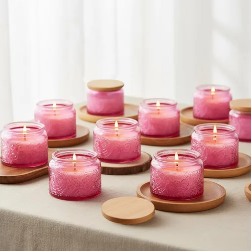 Vista 15 de Paquete de 18 recipientes de vela de vidrio en relieve de 4 onzas con tapas y etiquetas de bambú, tarros de vela azules para hacer velas, diseño