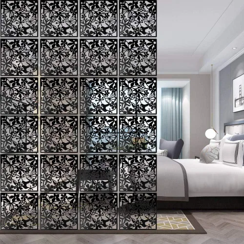Vista 12 de ANMINY Paneles divisores de habitación colgantes, patrón de talla de flores Negro