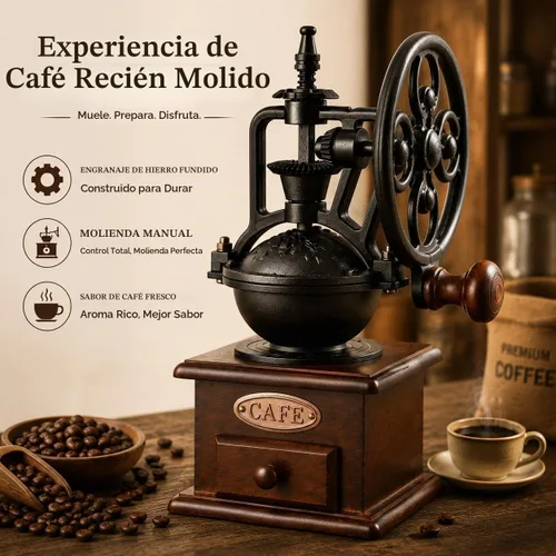 Vista 2 de Molinillo de café manual vintage, molinillo de grano de café con núcleo de cerámica de alta dureza con base de madera maciza y caja de polvo