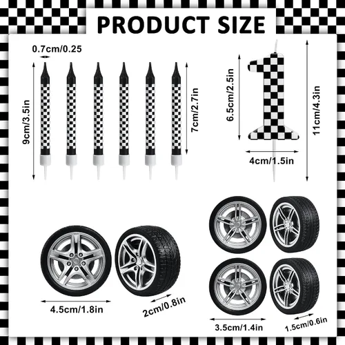 Vista 2 de 13 velas de cumpleaños temáticas de coches de carreras, número 1 vela a Velas de pastel de cumpleaños a cuadros en blanco y negro para decoración