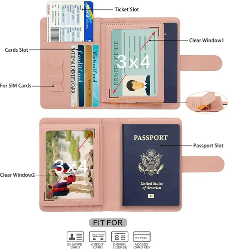 Vista 3 de Soporte para pasaporte y tarjetero de vacunación, para mujer, soporte para pasaporte RFID con ranura para tarjeta de vacuna, impermeable, funda