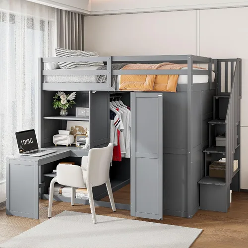 Vista 10 de VilroCaz Modern Elegance - Cama tipo loft de tamaño matrimonial con cajones de almacenamiento y escritorio, marco de cama de madera maciza