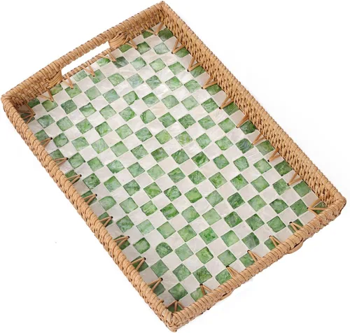Vista 14 de Bandeja rectangular de ratán con incrustaciones de madreperla, bandeja de ratán con asa para café, pan, frutas, aperitivos, bandeja decorativa