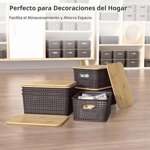 Vista 7 de Cestas de almacenamiento de plástico con tapas de bambú, contenedores pequeños apilables para organización y contenedores para estantes, cajones