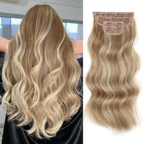 Vista 19 de Extensiones de cabello con clip de Vigorous de 20 pulgadas, con reflejos rubio playa, extensiones de cabello ondulado largo y suave de cabello