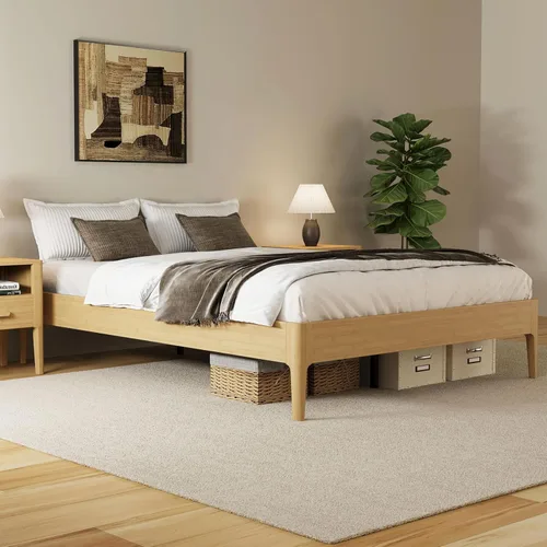 Vista 13 de JIVOIT Base de cama de plataforma de tamaño matrimonial con cabecero, cama de plataforma de madera estilo retro con patas de madera maciza Negro