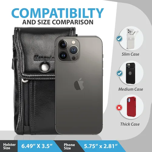 Vista 2 de Funda de cuero genuino para teléfono celular para cinturón, funda para cinturón para iPhone 17 Pro 16e 15 Pro 14 Pro 13 Pro 12 Pro Samsung Galaxy