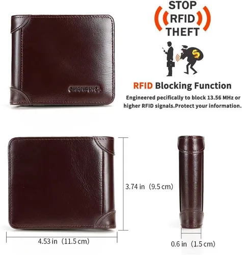 Vista 27 de Billetera de piel triple con bloqueo RFID para hombre con 2 ventanas de identificación, 2 compartimentos para efectivo, 6-8 ranuras para tarjetas