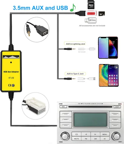 Vista 2 de Adaptador AUX, cable USB y AUX estéreo para automóvil, cambiador de CD MP3 compatible con VWAudi 12pin A3 2008-2010, A4/S4 2007-2009, para Beetle