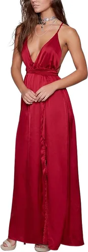 Vista 4 de vestido largo de fiesta para mujer, vestido de cóctel sexy, satinado, con cuello en V profundo, espalda descubierta y abertura (30colores, S-XXL)