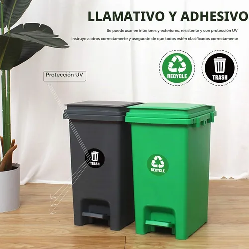 Vista 2 de Calcomanías autoadhesivas con logotipo de reciclaje y basura, letreros redondos para botes de basura y contenedores de basura (6 unidades)