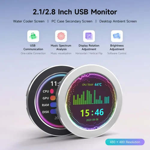 Vista 3 de Waveshare Pantalla LCD redonda de 2.8 pulgadas, CPU/GPU, monitor de temperatura de computadora AIO para sistemas de refrigeración por agua, piezas