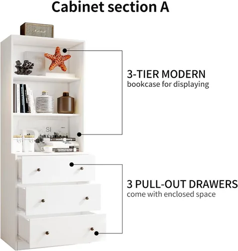 Vista 3 de VOWNER Archivador vertical, estantería moderna de 3 niveles con 3 cajones grandes, archivador de madera con estante de almacenamiento abierto