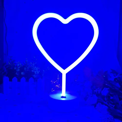 Vista 2 de Letrero de luz LED con luces de corazón, letrero de neón en forma de corazón con base (azul)
