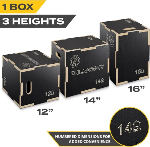 Vista 2 de Philosophy Gym Caja pliométrica de madera antideslizante 3 en 1 para entrenamiento y acondicionamiento Negro