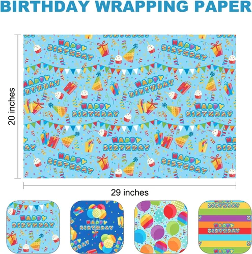 Vista 7 de PlandRichW Papel de regalo de cumpleaños, 4 divertidos diseños de fiesta, globos, arcoíris, cupcakes, confeti, plegado de 20 x 29 pulgadas, 12