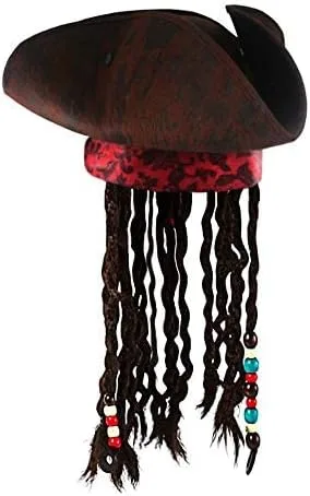Vista 5 de Nicky Bigs Novelties Sombrero de pirata de tricornio caribeño de bucanero para niños, diseño de rastas, color marrón, Marrón