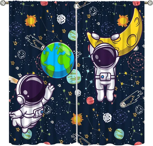 Vista 12 de Cortinas espaciales para ventana gamer con controlador de juego neón y diseño de planeta, cortinas decorativas para dormitorio, sala de juegos, sala