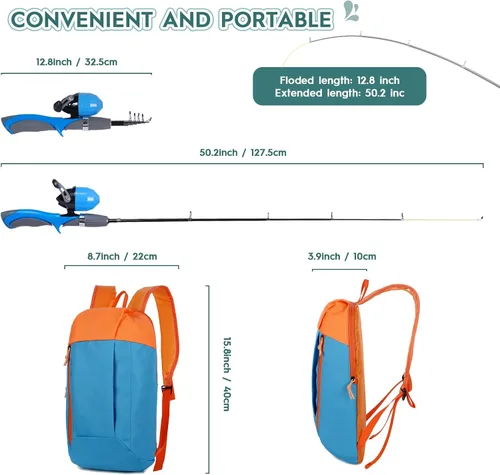 Vista 2 de Urban Deco Kit de caña de pescar para niños, 2 unidades, caña de pescar telescópica portátil para niños con caja de aparejos, 2 redes de pesca y 2