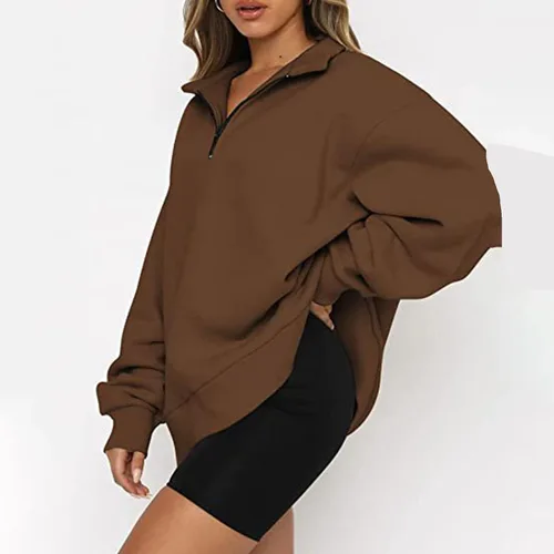 Vista 2 de Sudadera casual de manga larga para mujer, de gran tamaño, con cremallera de 14, cuello abatible, sin capucha, de moda, para otoño, Café