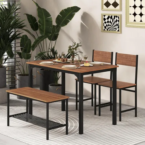 Vista 7 de COSTWAY Dining Table Set for 4, Space-Saving Dining Room Table with Bench and 2 Chairs, Storage Rack & Anti-Slip Foot Pads, Industrial Kitchen Table