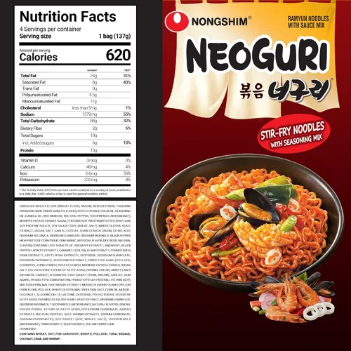 Vista 2 de Nongshim Neoguri - Fideos de ramen coreano, mariscos picantes, paquete de 4