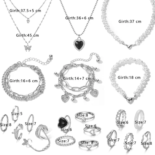 Vista 7 de IFKM 36 PCS Silver Plated Jewelry Set with 3 PCS Necklace 12 PCS Bracelet 7 PCS Ear Cuffs Earring 14 Pcs Knuckle Rings for Women Girls Valentine