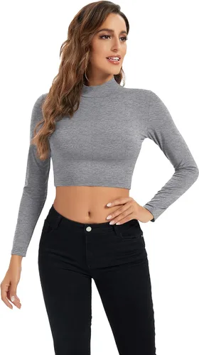 Vista 5 de Camisetas cortas de manga larga para mujer, ligeras, con cuello alto falso, capa base