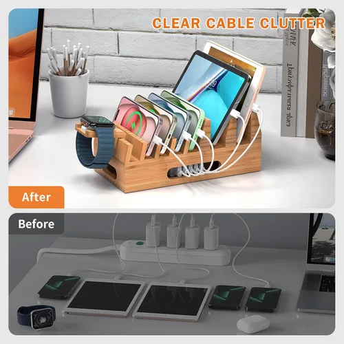 Vista 8 de Pezin & Hulin Soporte de estación de carga de bambú con cargador USB de 5 puertos, 5 cables de carga, soporte de reloj, soporte de acoplamiento
