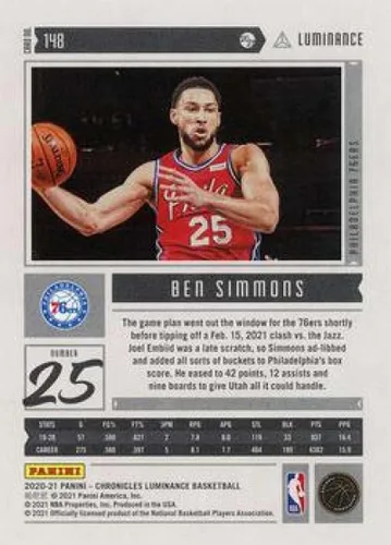 Vista 2 de 2020-21 Panini Chronicles #148 Ben Simmons Philadelphia 76ers NBA Basketball Trading Card