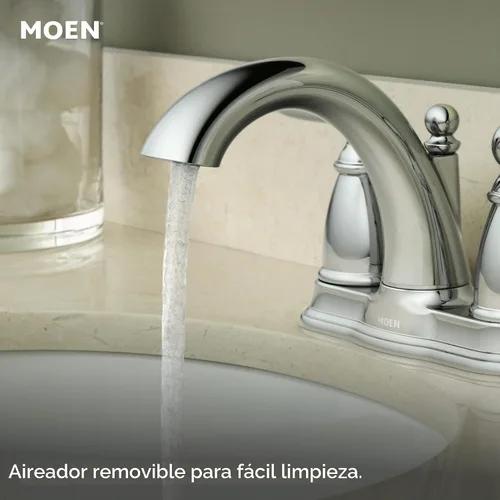 Vista 4 de Moen Brantford Cromo Llave de baño centrada de arco bajo tradicional de dos manijas con montaje de desagüe, 6610